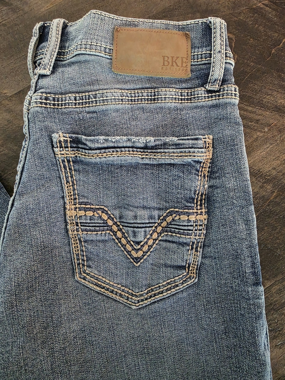 BKE Men's Straight Jeans in Blue with Tan Patch & Stitching